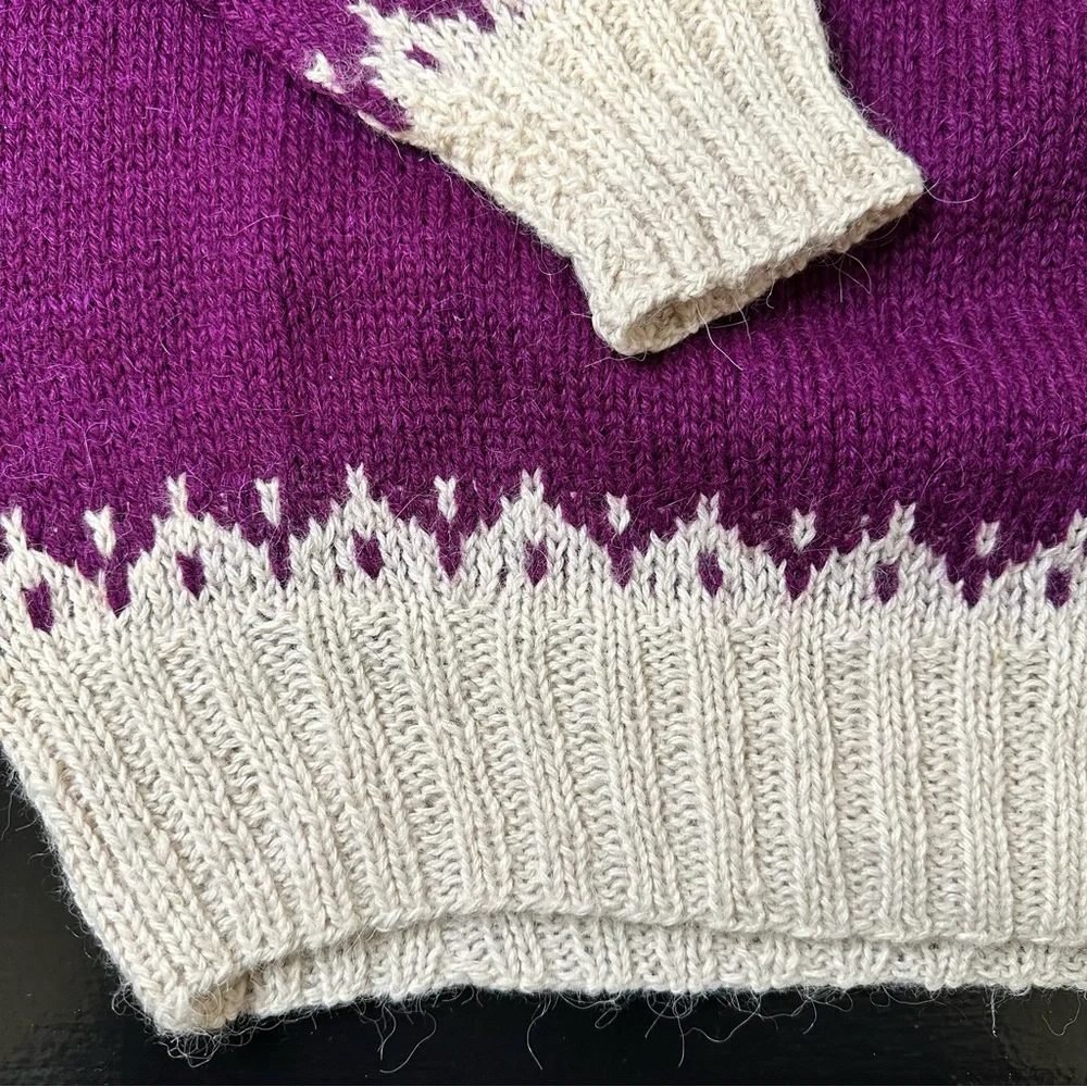Purple and Cream Hand knitted Wool Women's Sweater - Picture 4 of 8